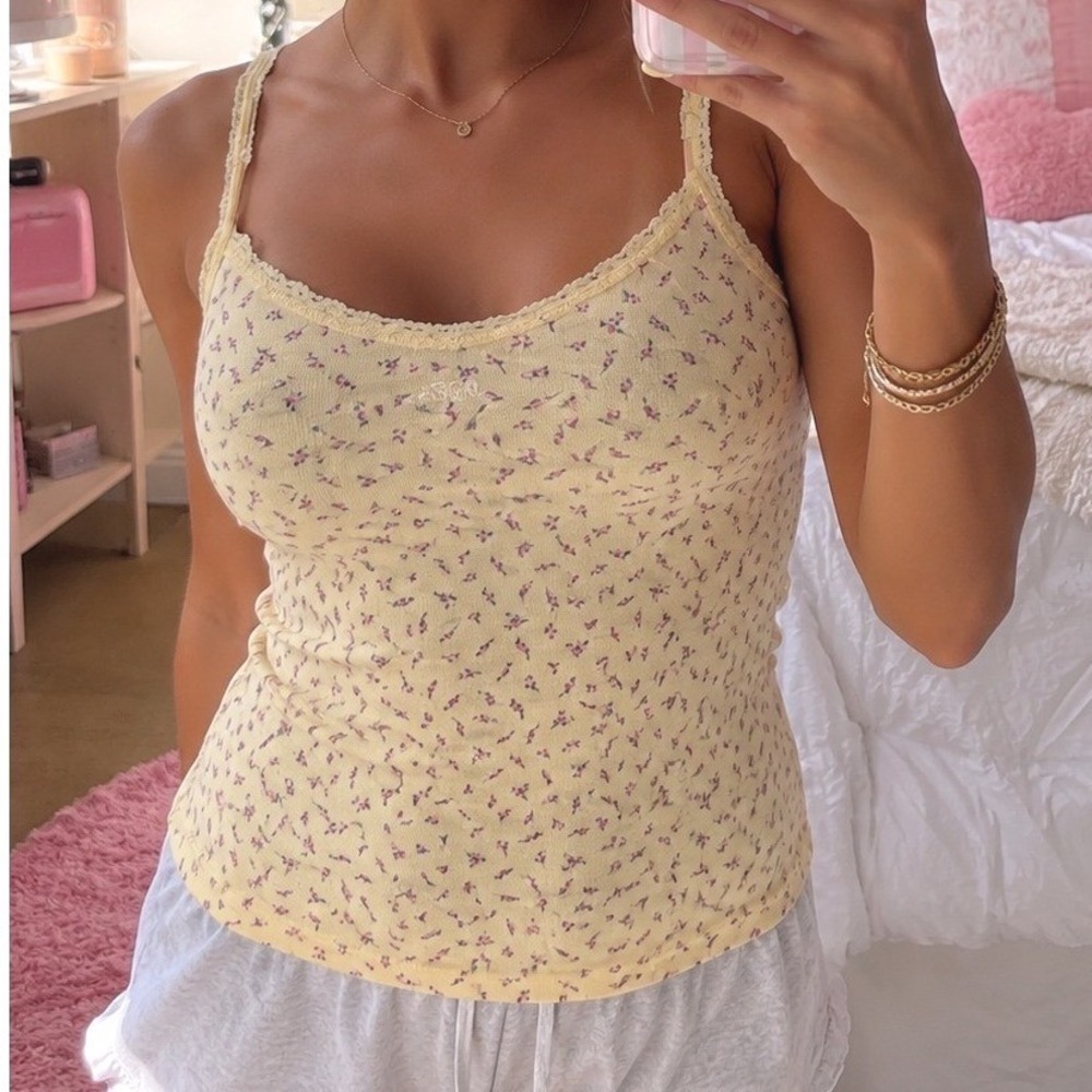 Victoria's Secret PINK Yellow Floral Lace Trim Cami‎ Top XL NWT Q3